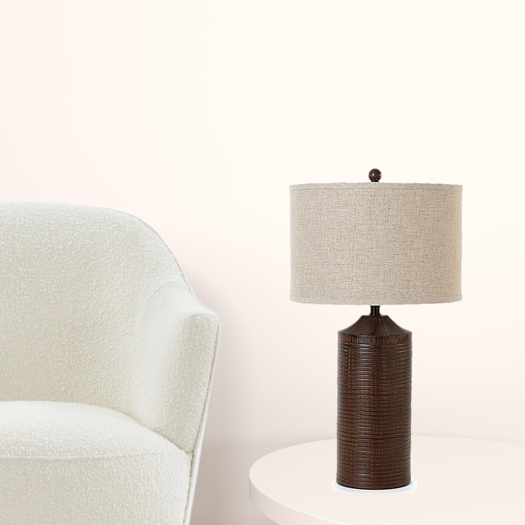 31" Brown Usb Table Lamps With Beige Drum Shade