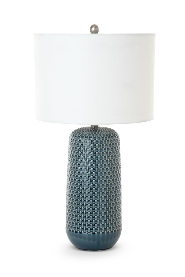 Set of Two 30" Blue Ceramic Geometric Table Lamps With White Drum Shade