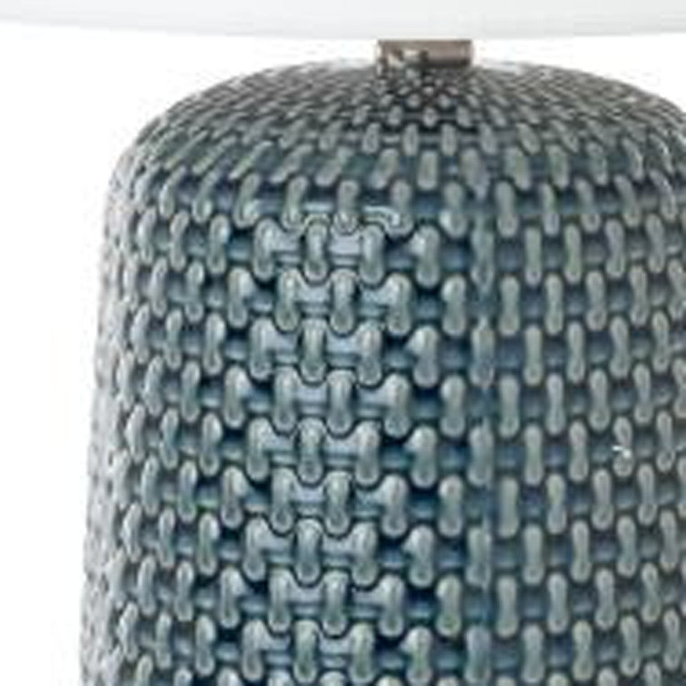 Set of Two 30" Blue Ceramic Geometric Table Lamps With White Drum Shade