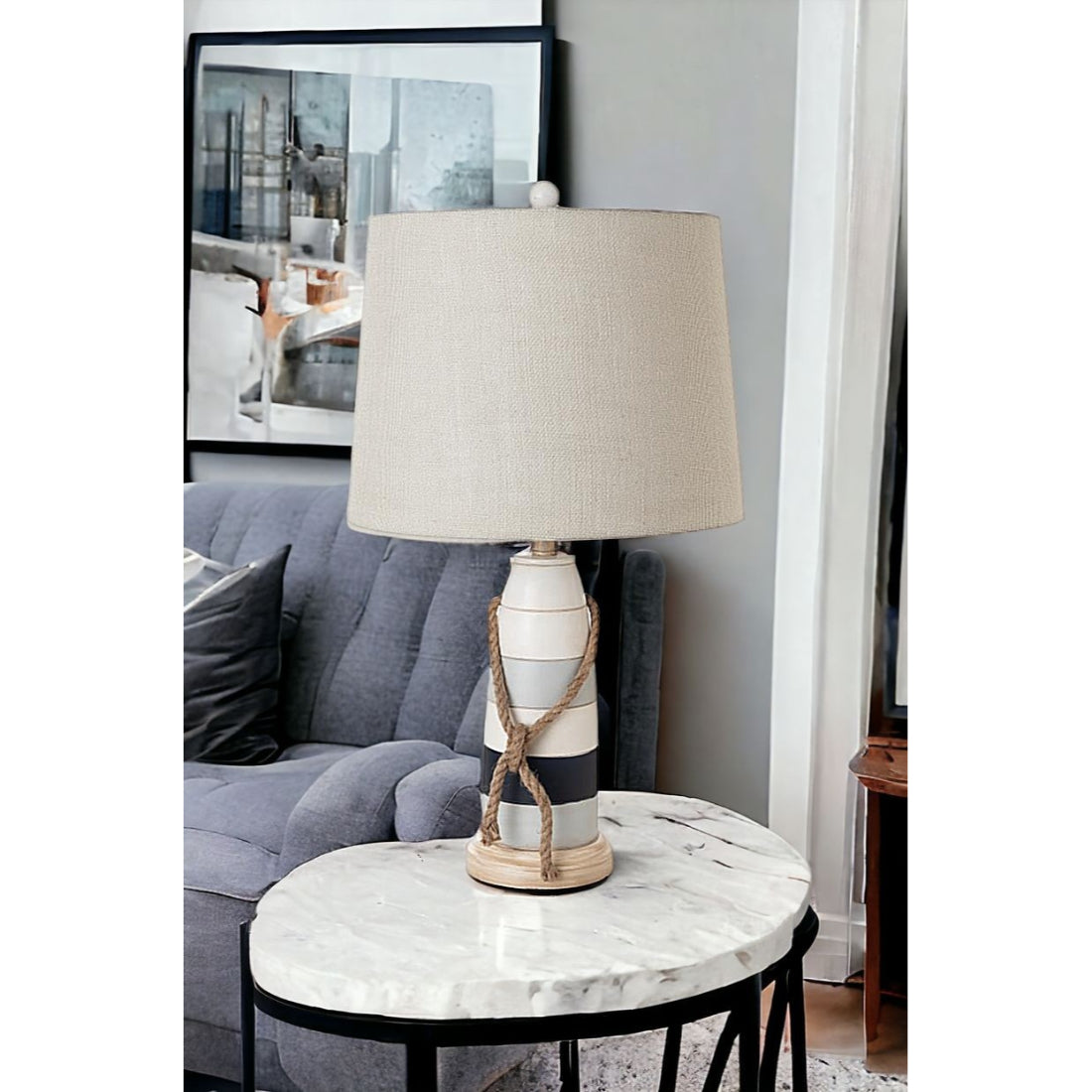 Set of Two 27" Natural White and Blue Novelty Table Lamp Coastal With Off White Empire Shade