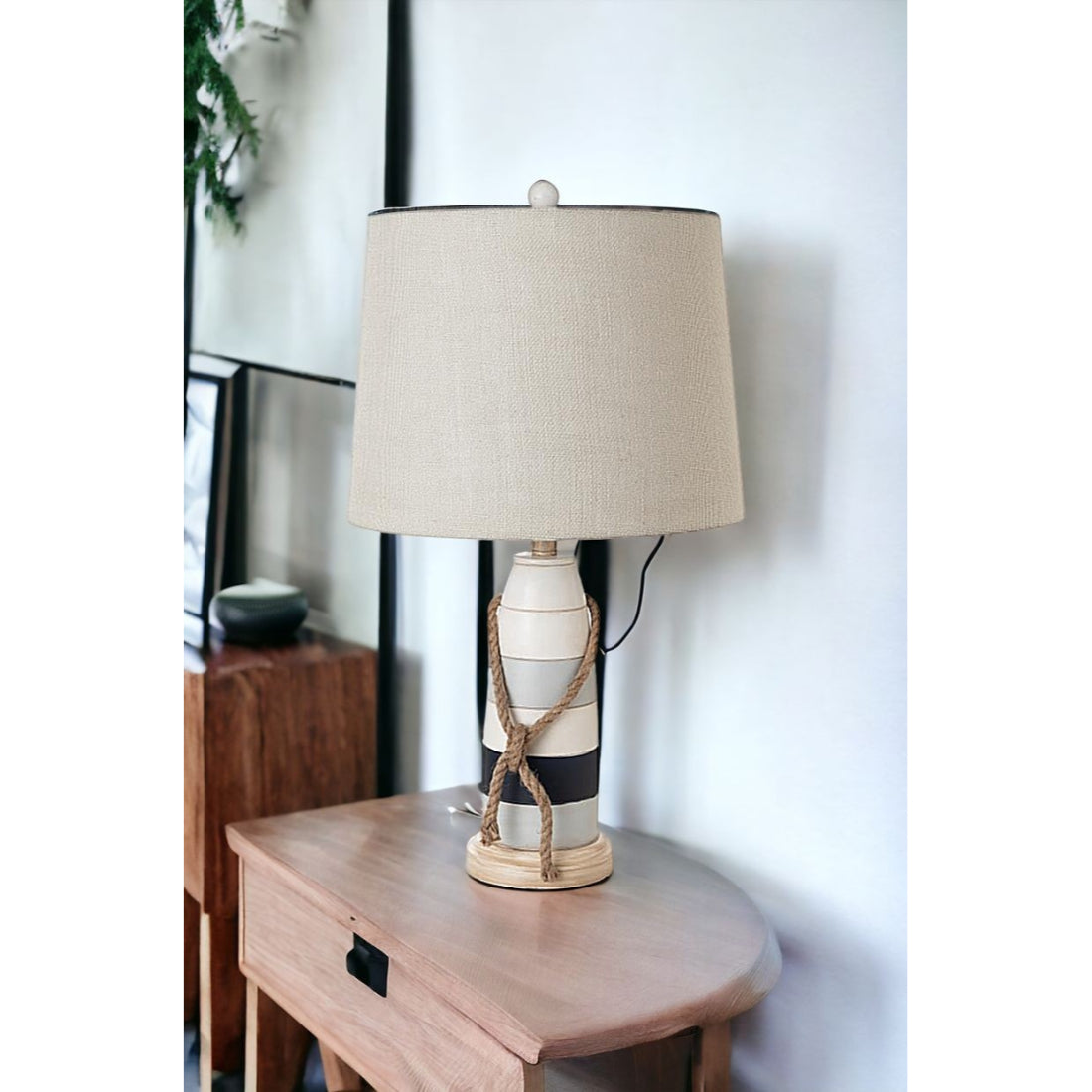 Set of Two 27" Natural White and Blue Novelty Table Lamp Coastal With Off White Empire Shade