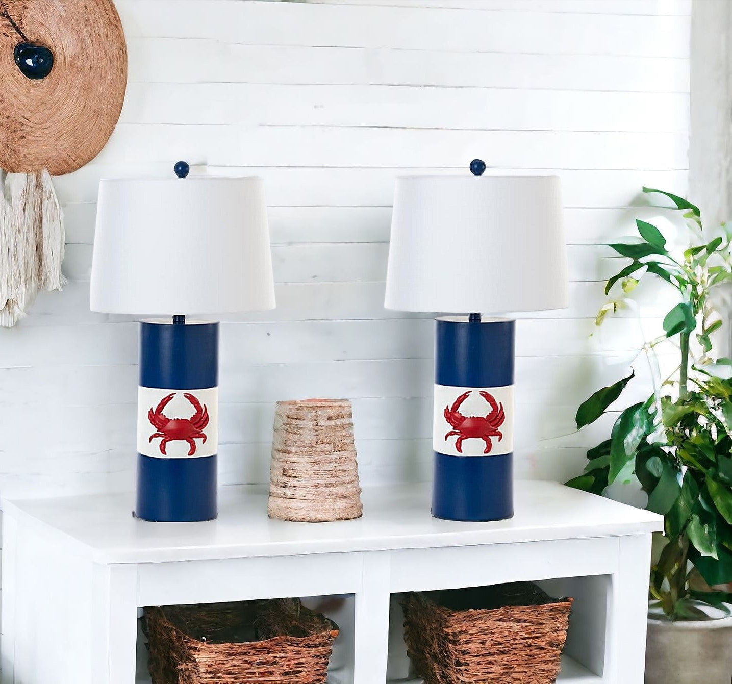 Set of Two 31" Red White and Blue Coastal Table Lamps With White Empire Shade