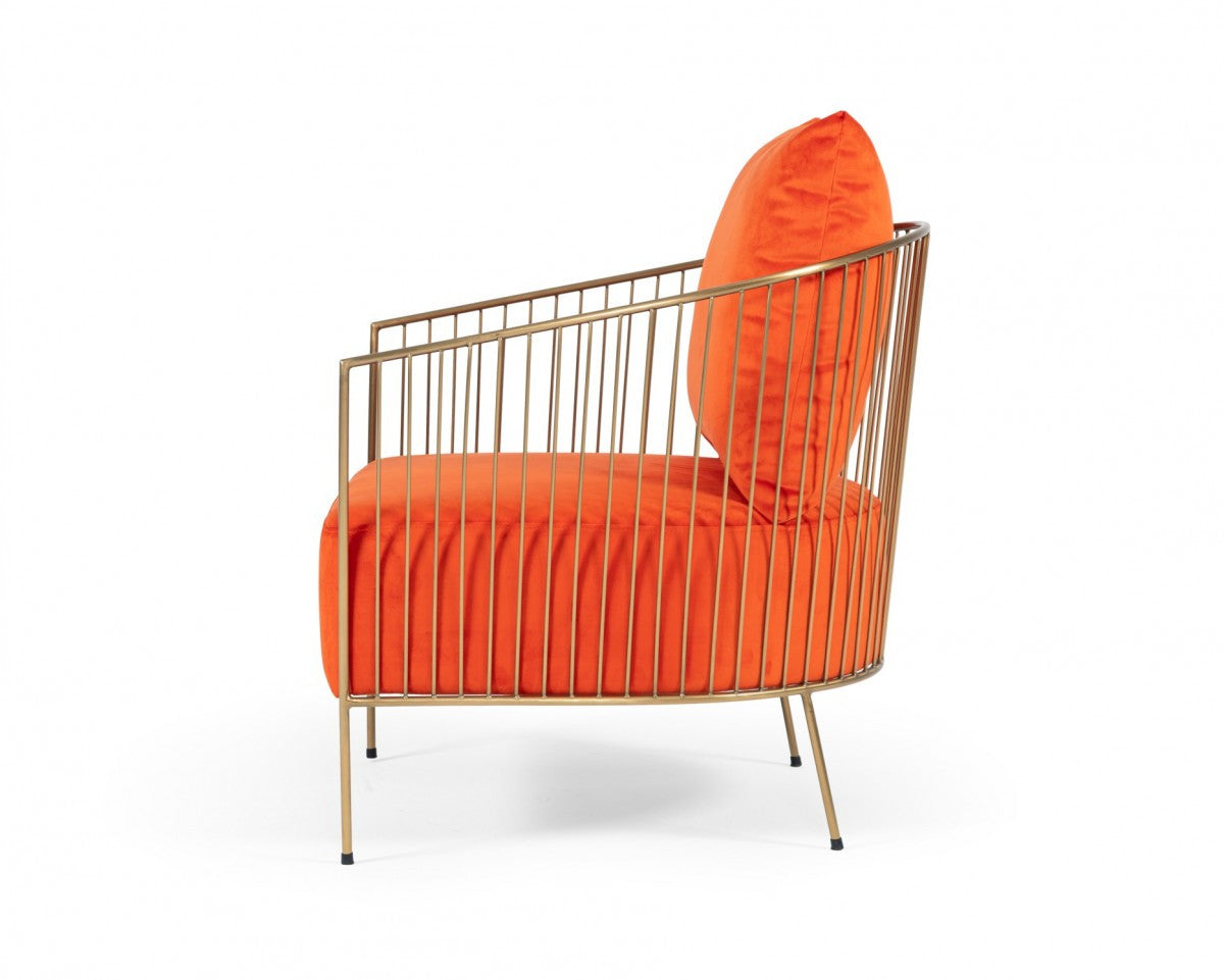 27" Orange And Gold Velvet Arm Chair