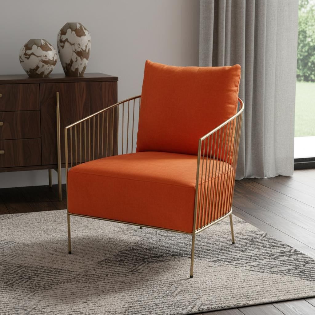 27" Orange And Gold Velvet Arm Chair