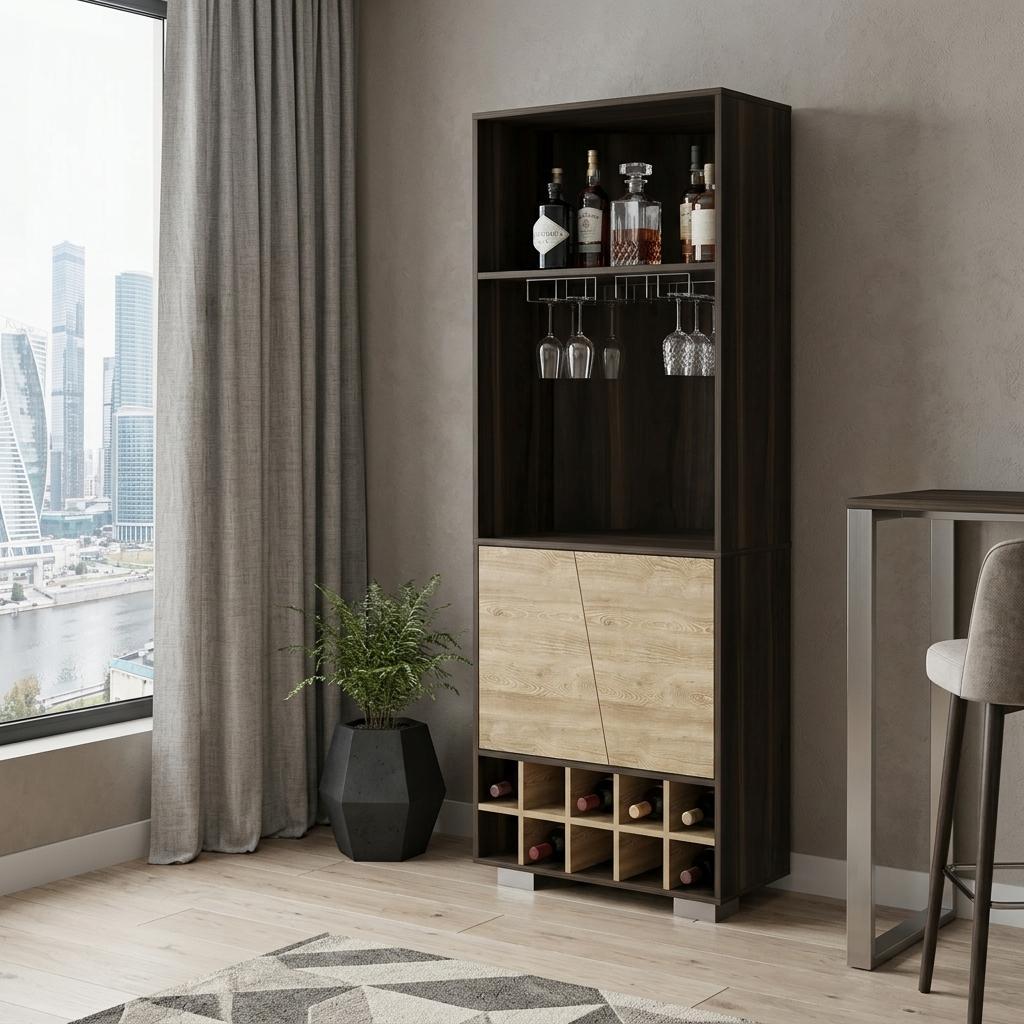 27" Dark Brown Corner Bar Cabinet With Multiple Shelves