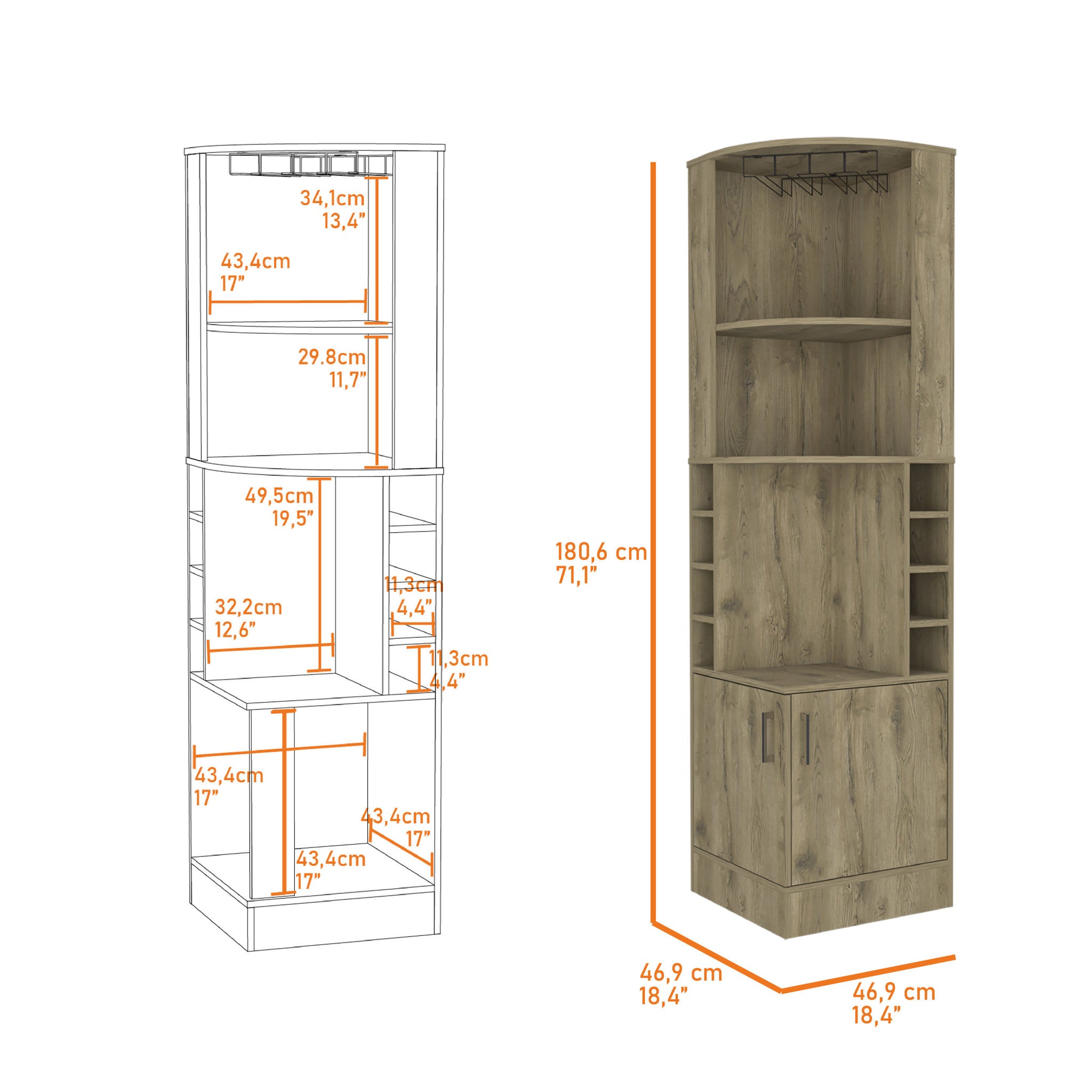18" Brown Corner Bar Cabinet With Eleven Shelves