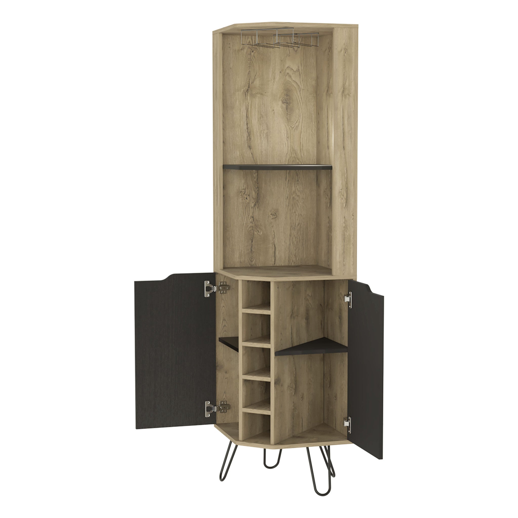 18" Brown and Black and Brown Corner Bar Cabinet With Eleven Shelves