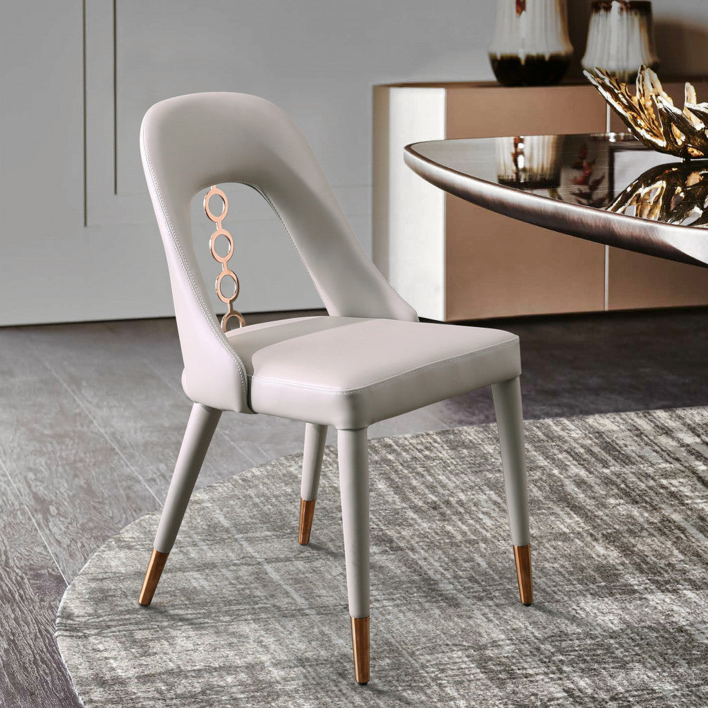 Set of Two Light Gray Faux Leather Dining Side Chairs With Rose Gold Accents