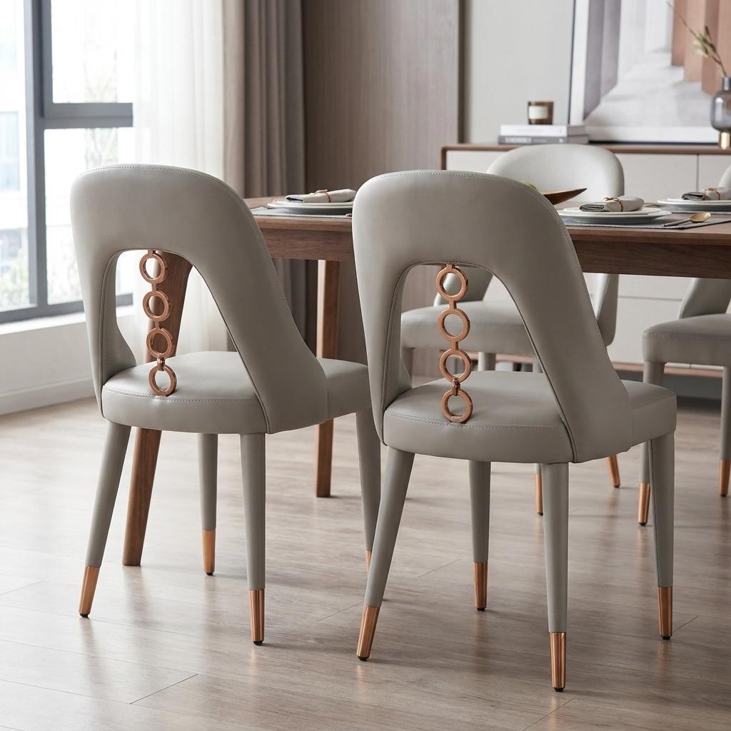 Set of Two Light Gray Faux Leather Dining Side Chairs With Rose Gold Accents