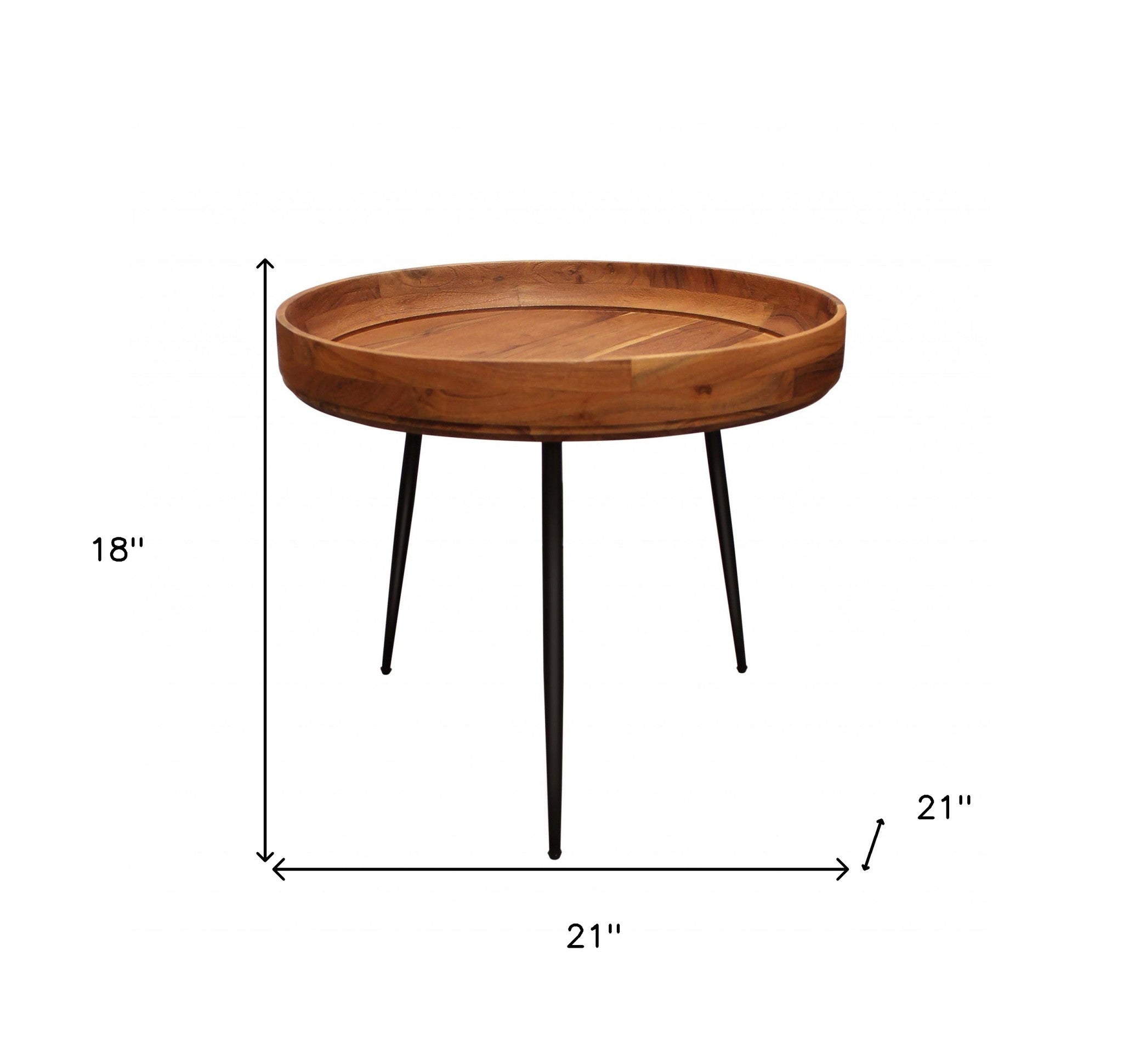 18" Black And Natural Brown Solid Wood And Iron Round End Table