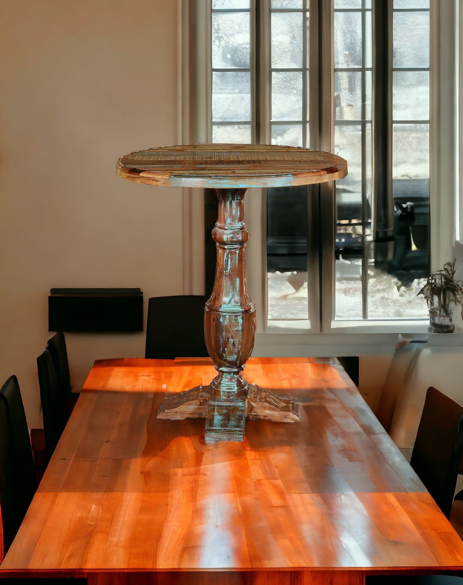 36" Brown Rounded Solid Wood Pedestal Base Dining Table