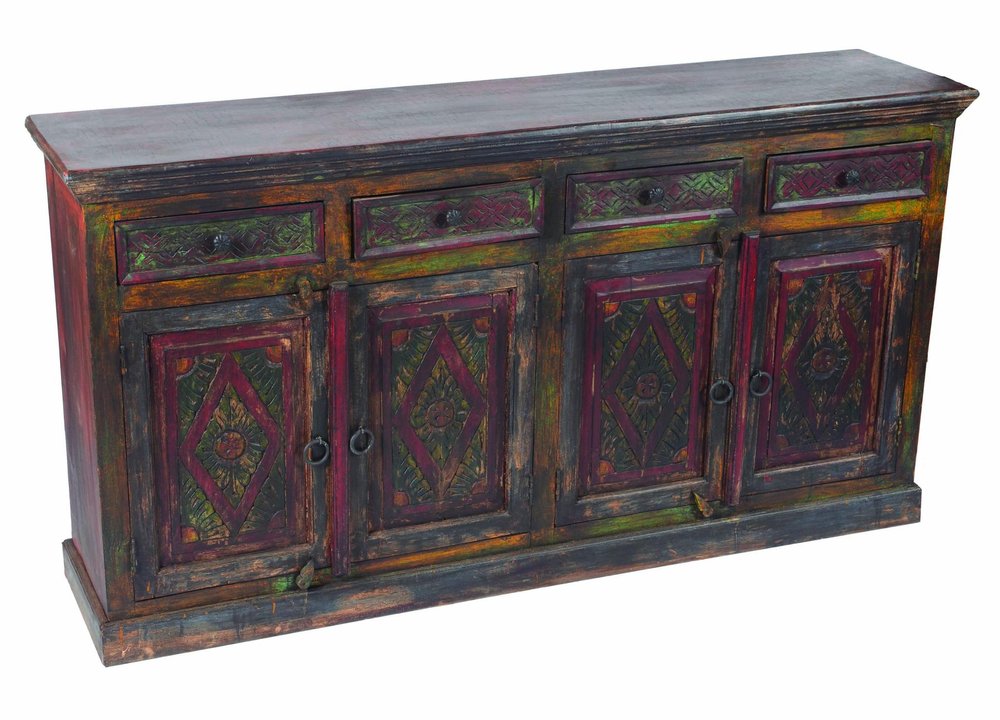 72" Dark Brown and Green Solid Wood Four Drawer Sideboard with Four Doors