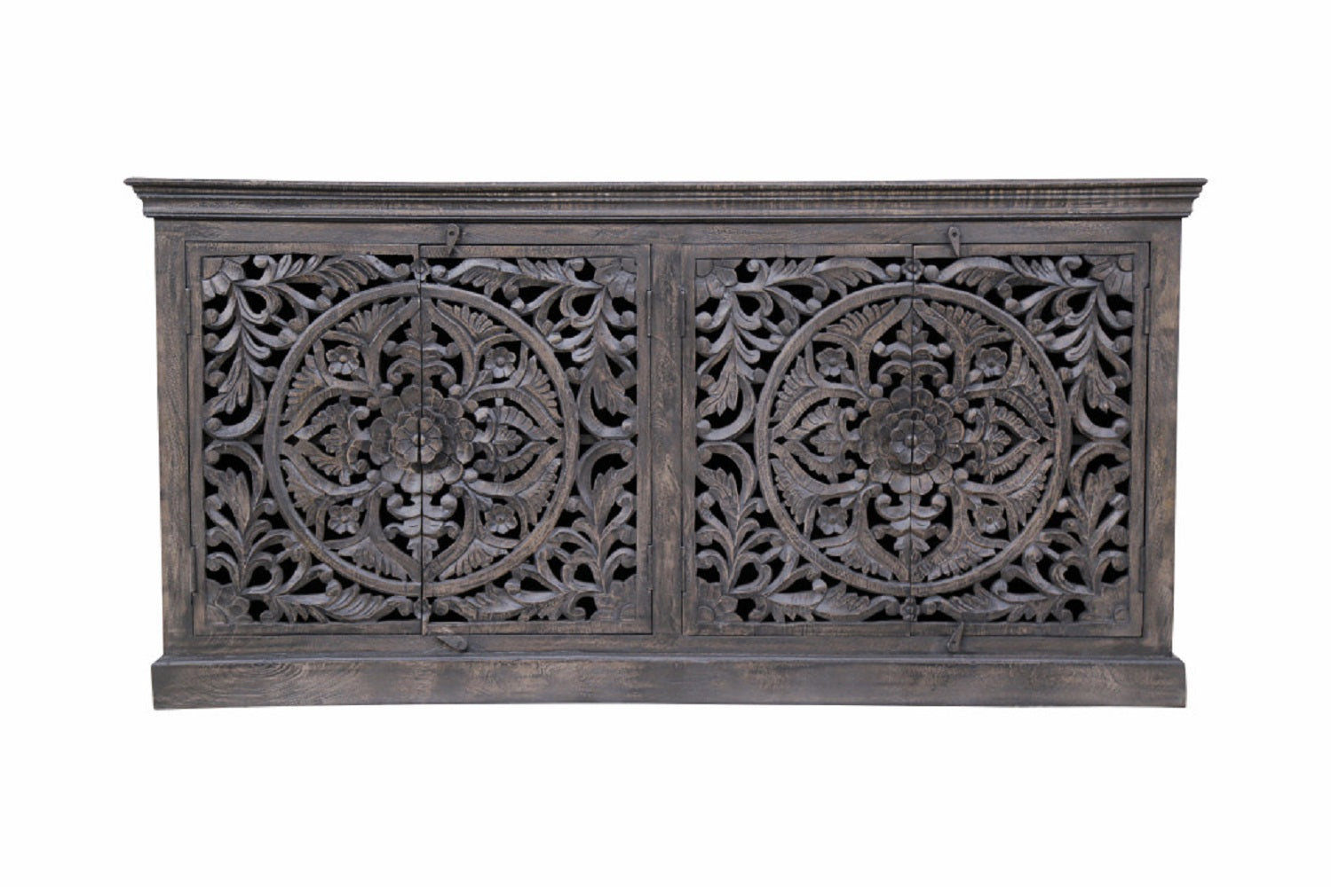 71" Gray Distressed Solid Wood Carved Floral Sideboard with Four Doors