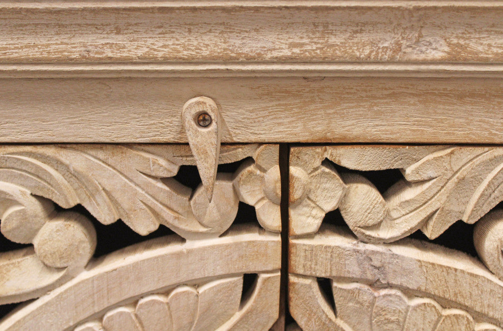 71" Beige Distressed Solid Wood Carved Scrollwork Sideboard with Four Doors