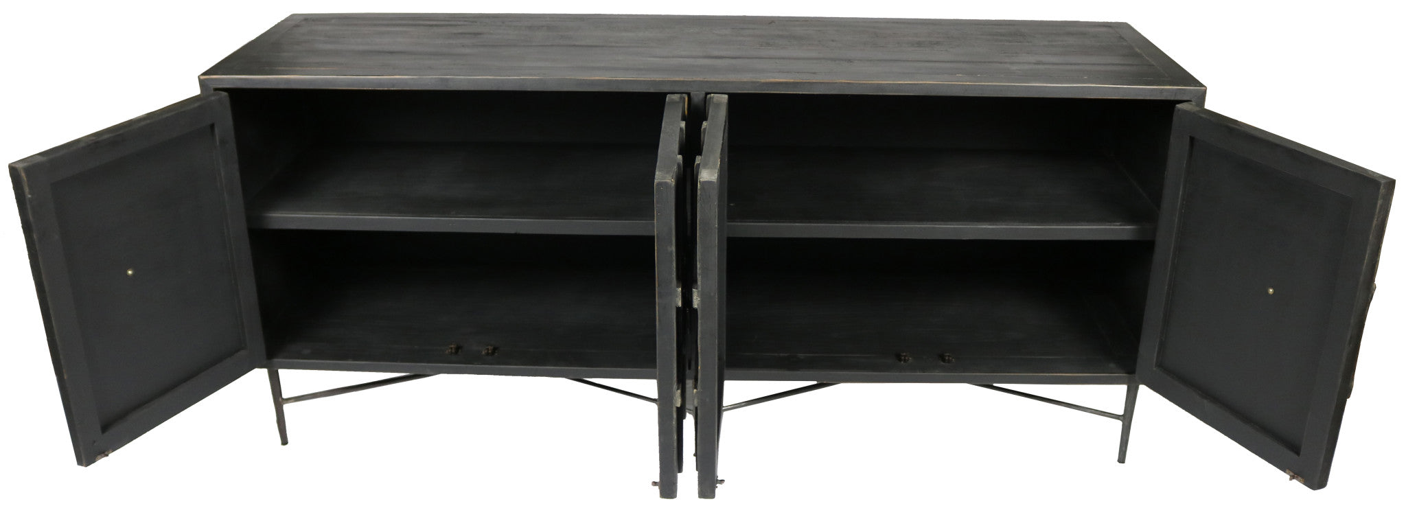 71" Brown Distressed Solid Wood Carved Geometric Sideboard with Four Doors