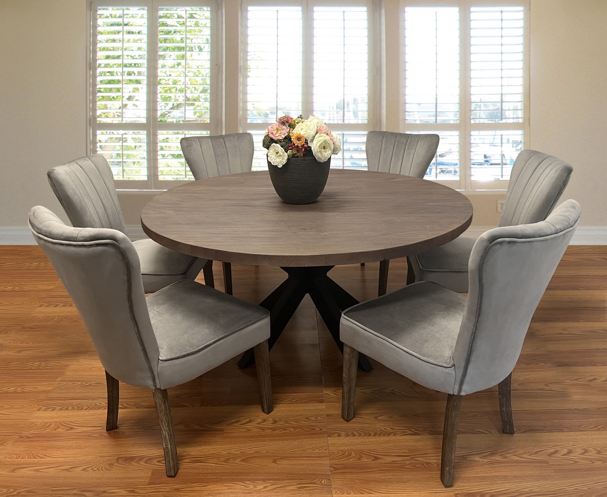 72" Gray Beige And Black Solid Wood And Iron Round Dining Table