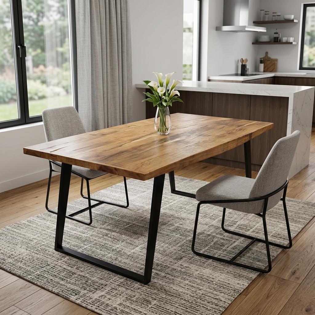 63" Natural And Black Solid Wood And Iron Sled Base Dining Table