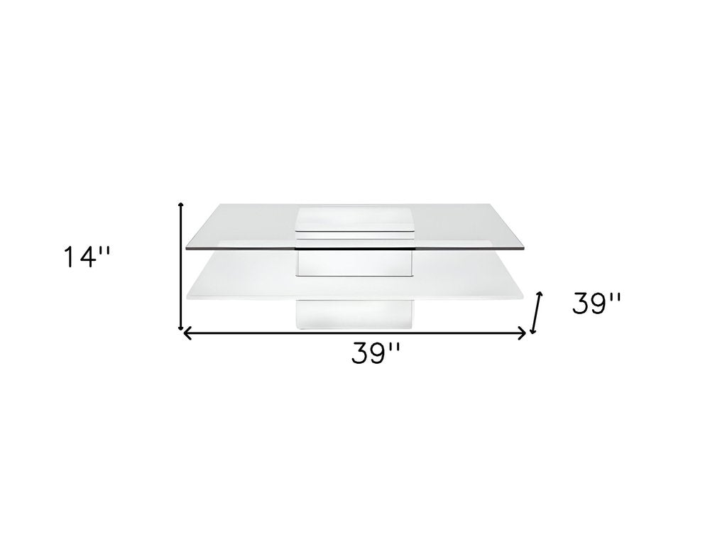 39" Clear and White Glass And Wood Square Pedestal Coffee Table With Shelf