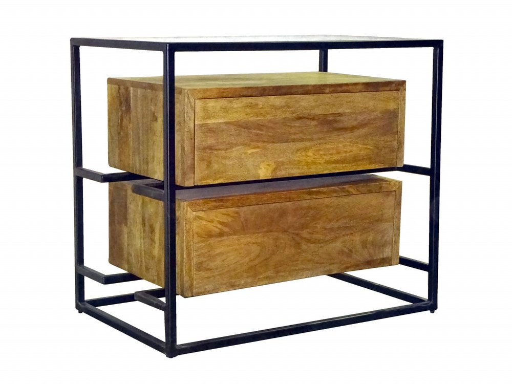 28" Natural Solid Wood and Glass Two Drawer Nightstand