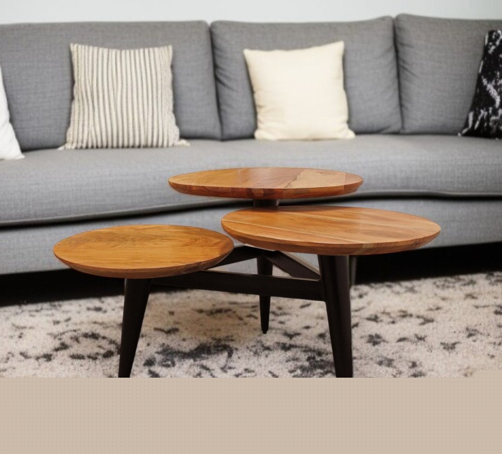 35" Natural Brown and Black Solid Wood and Iron Round Distressed Coffee Table