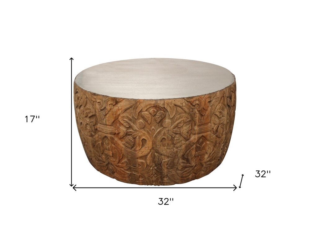 32" White and Natural Iron and Solid Wood Round Drum Coffee Table