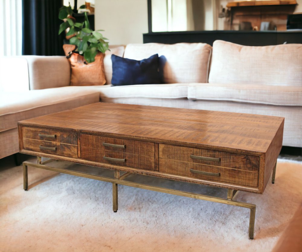 56" Brown and Brass Solid Wood and Iron Distressed Frame Coffee Table With Six Drawers