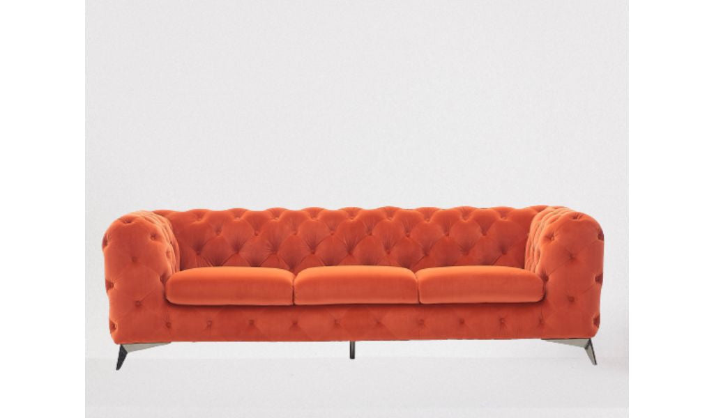 97" Orange Fabric Chesterfield Sofa With Silver Legs