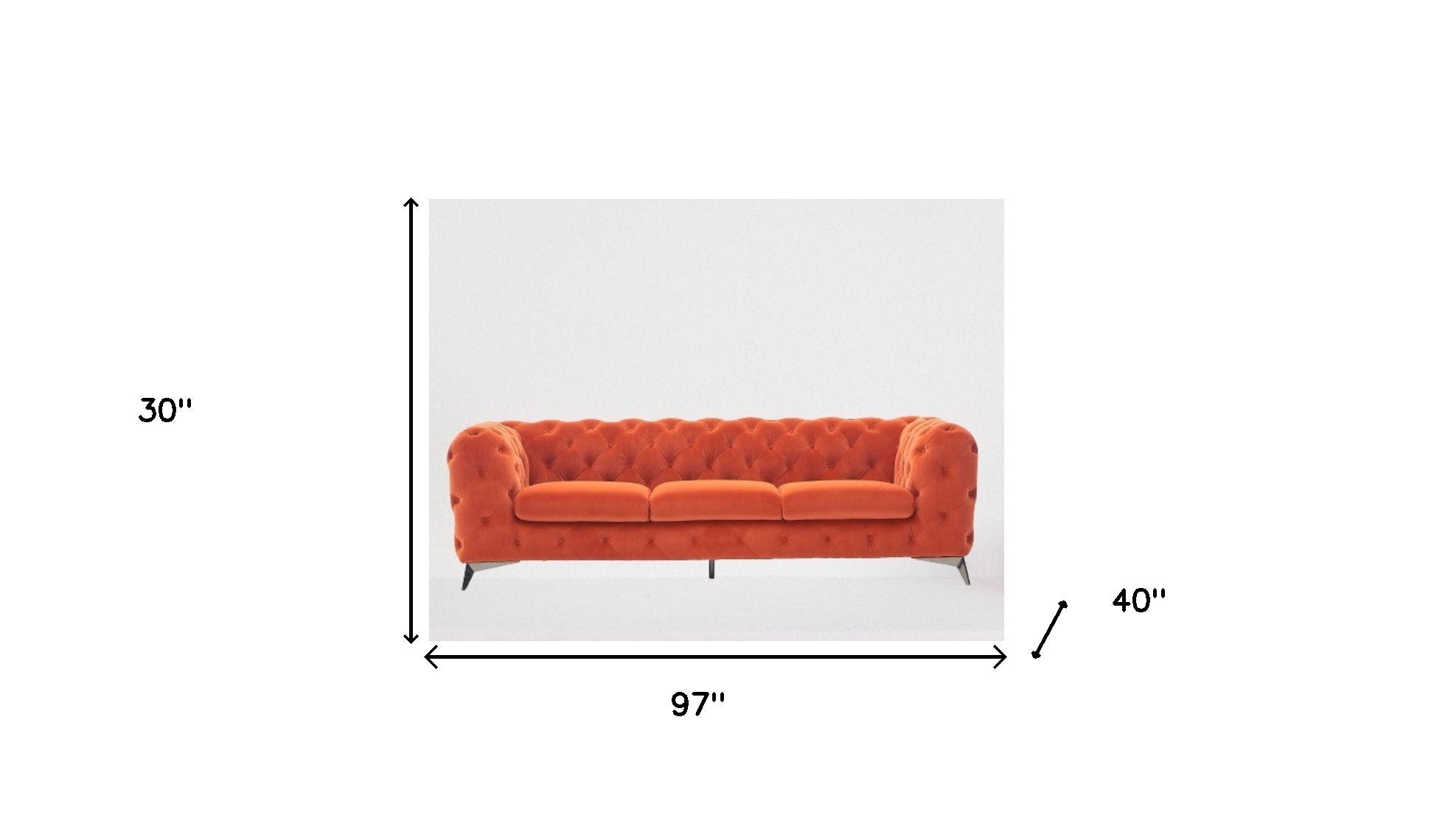 97" Orange Fabric Chesterfield Sofa With Silver Legs