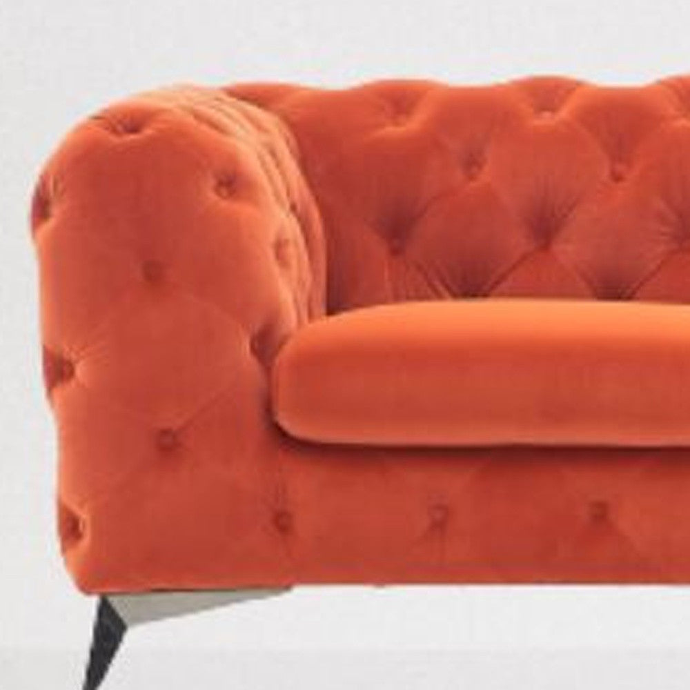 97" Orange Fabric Chesterfield Sofa With Silver Legs