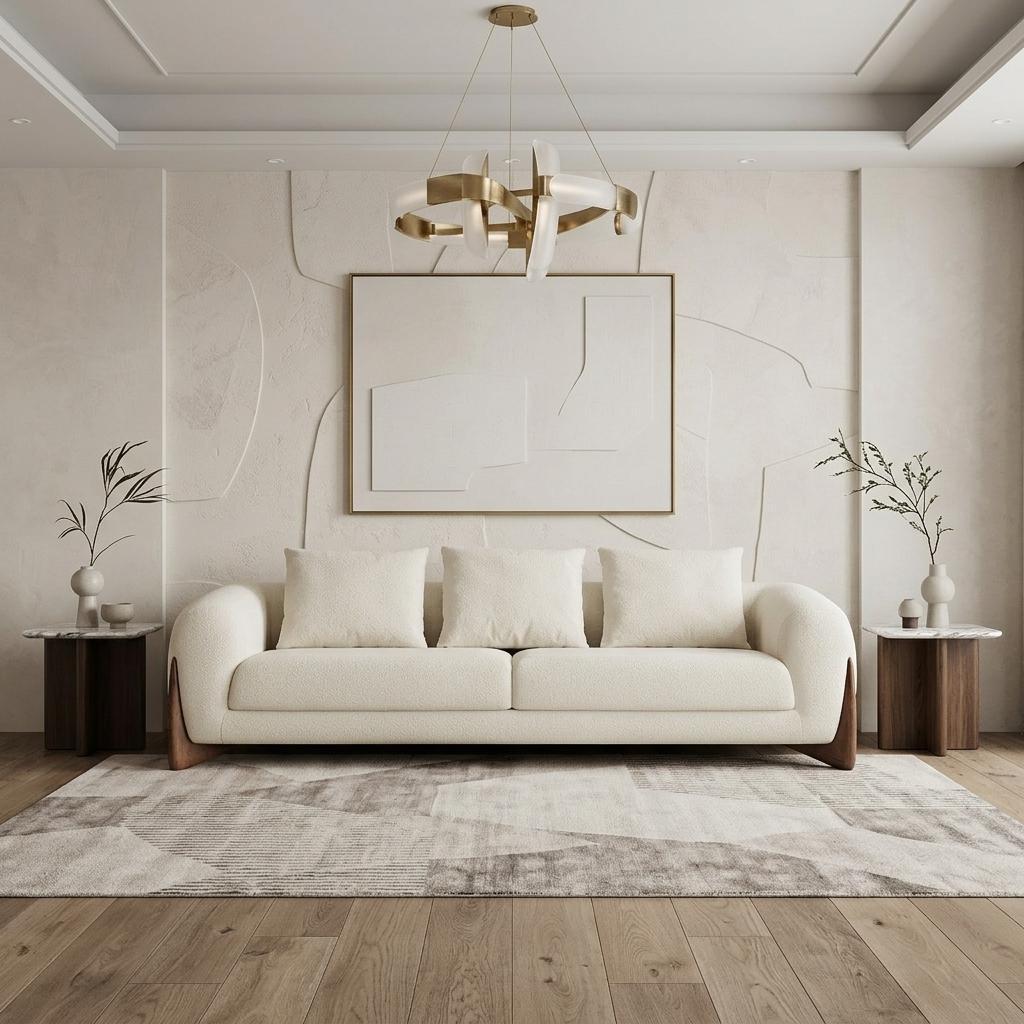 100" Cream Fabric Sofa With Wood Brown Legs