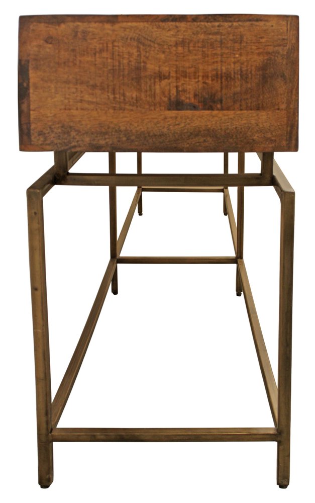 72" Brown and Brass Solid Wood Distressed Six Leg Console Table With Four Drawers
