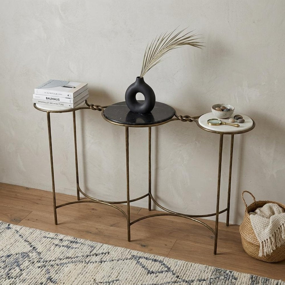 50" Black White And Gold Genuine Marble Round Six Leg Console Table