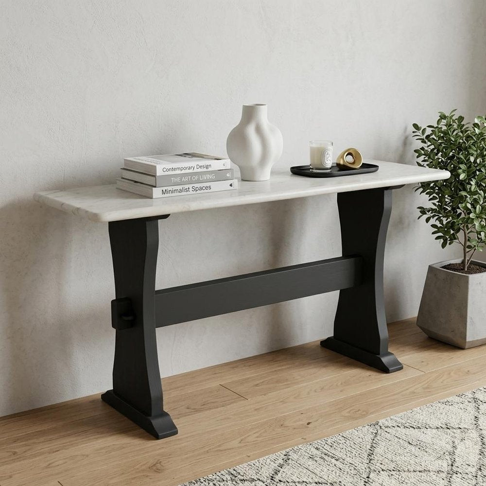 70" Ivory and Black Genuine Marble and Solid Wood Trestle Console Table