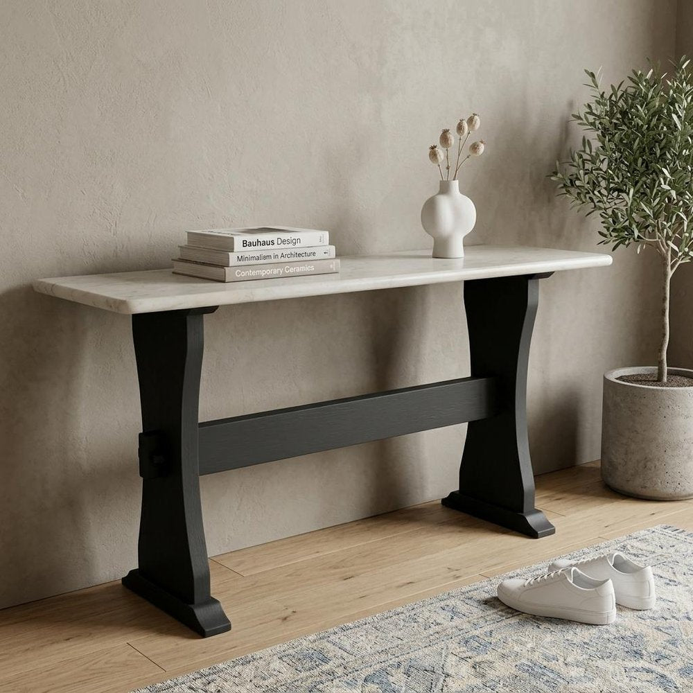 70" Ivory and Black Genuine Marble and Solid Wood Trestle Console Table