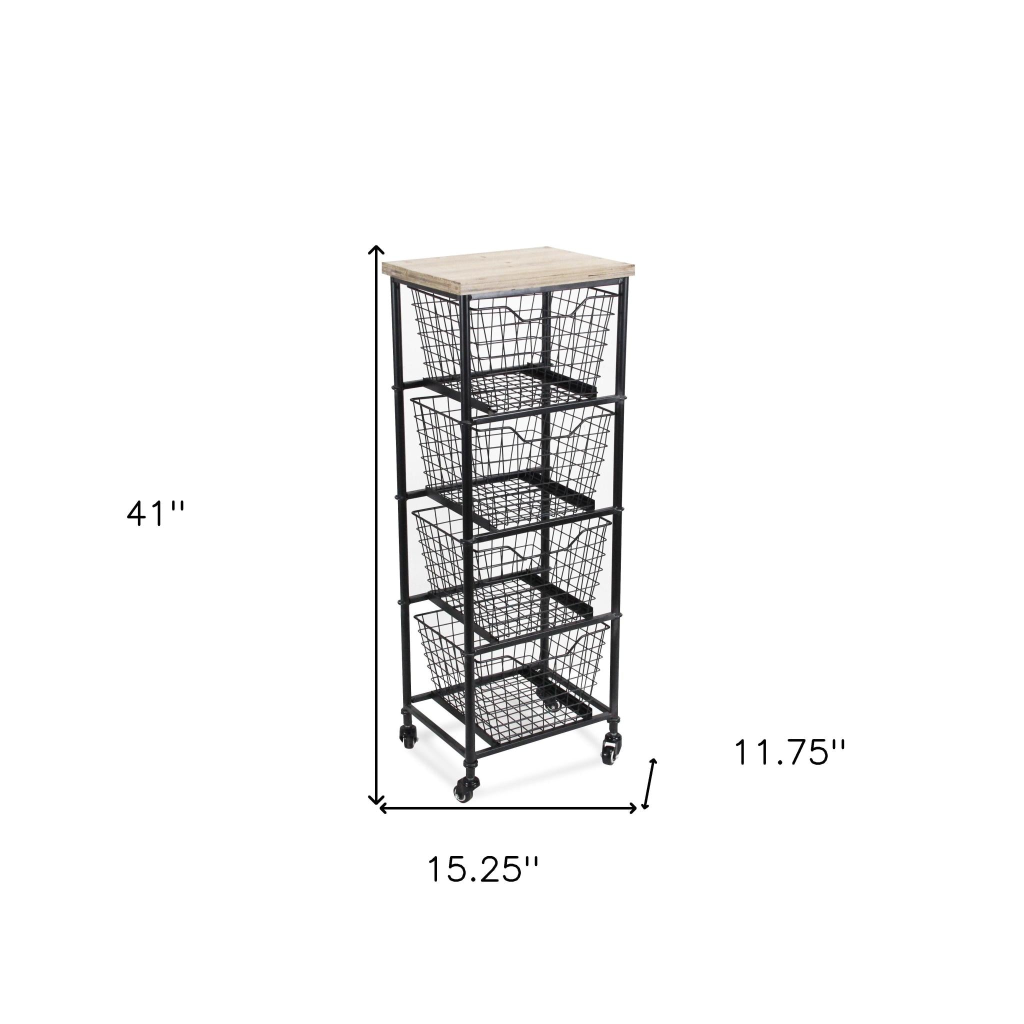 41" Black And Natural Metal And Wood Basket Storage Rolling Cabinet