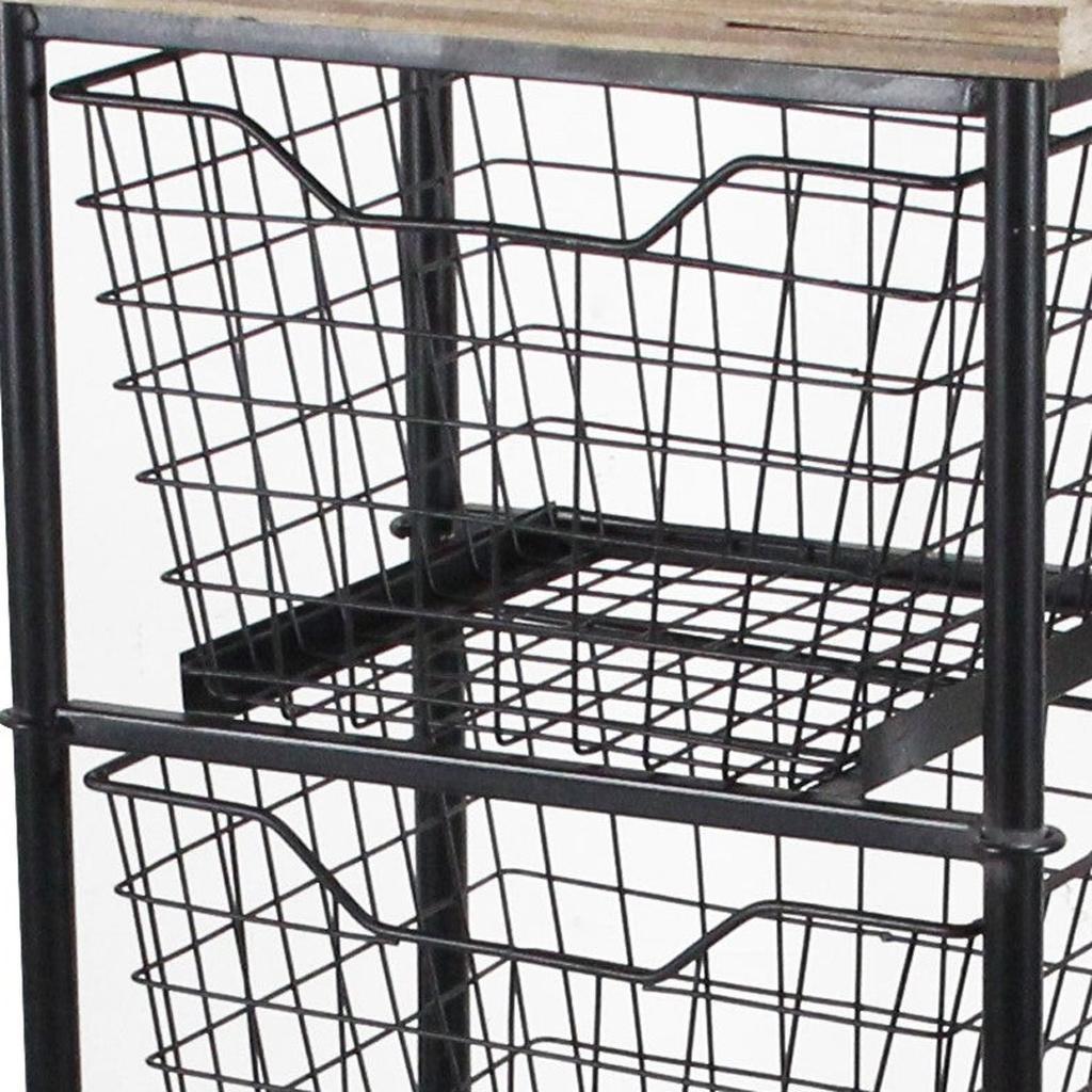41" Black And Natural Metal And Wood Basket Storage Rolling Cabinet