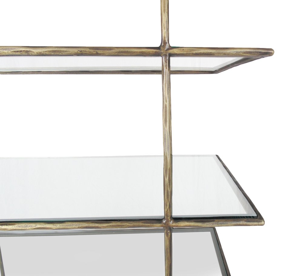 59" Antiqued Gold And Clear Iron and Glass Five Tier Etagere Bookcase
