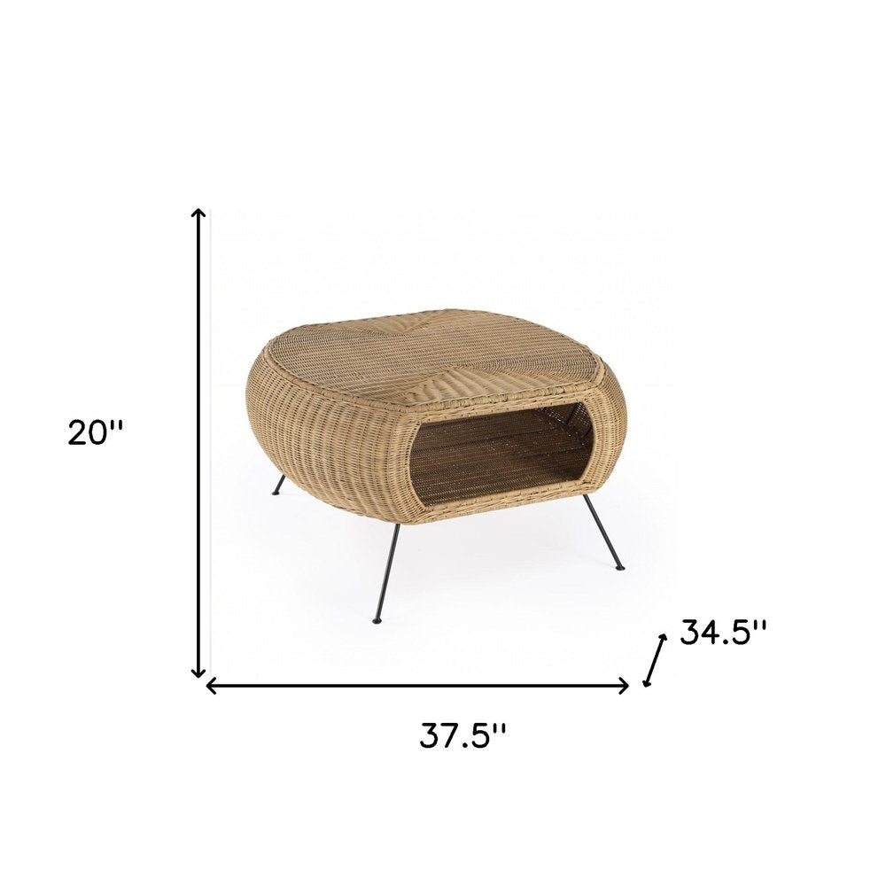 38" Natural and Black Rattan and Iron Oval Coffee Table