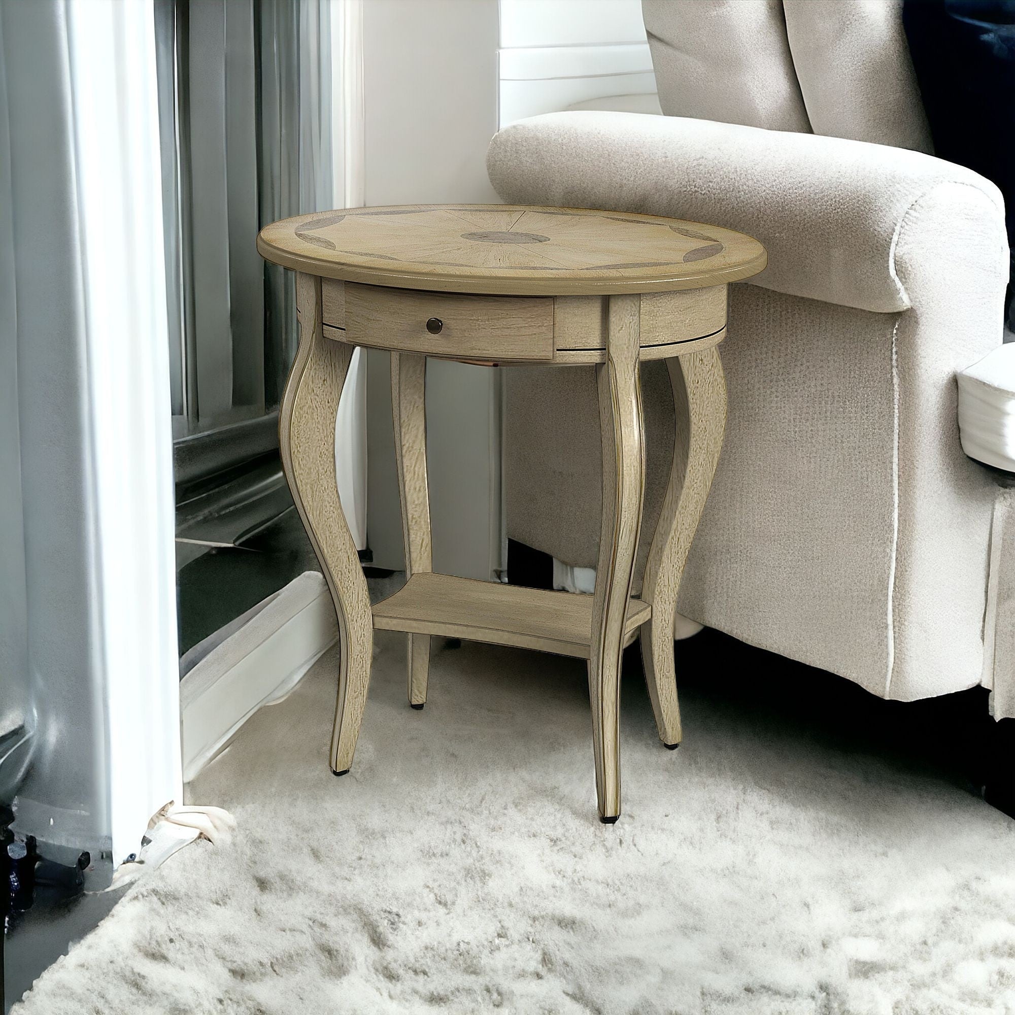 26" Beige Manufactured Wood Oval End Table With Drawer And Shelf