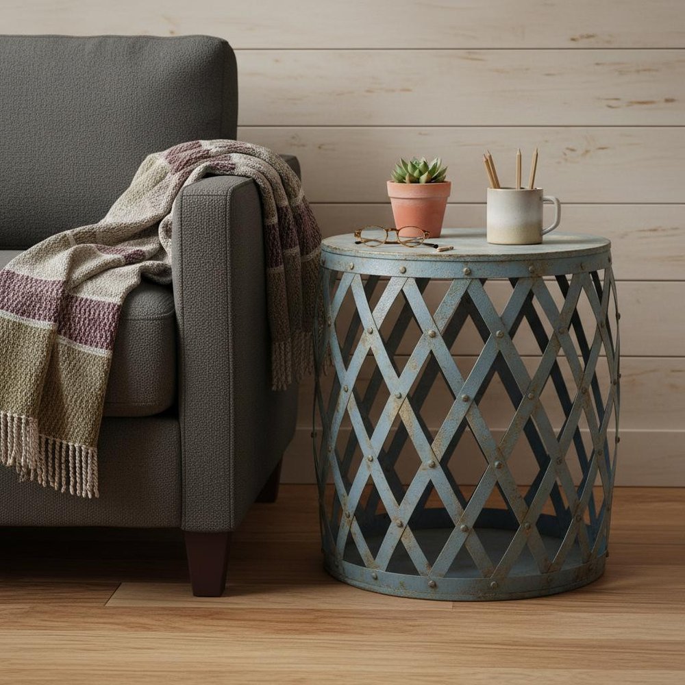 17" Rustic Blue Iron Lattice Round Top End Table