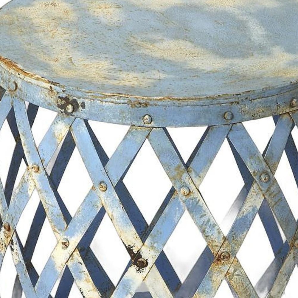 17" Rustic Blue Iron Lattice Round Top End Table