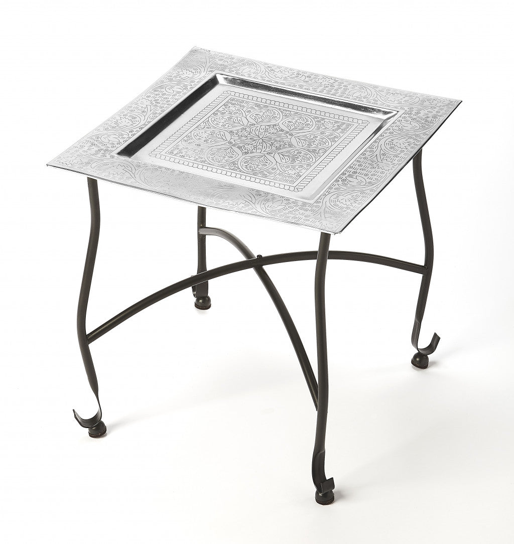 16" Black And Silver Textured Aluminum Square End Table