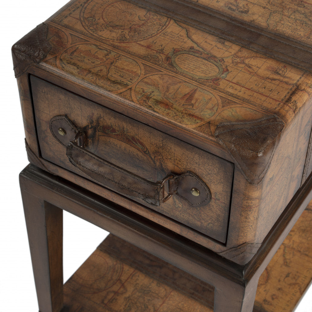 24" Brown Old World Map End Table With Drawer And Shelf