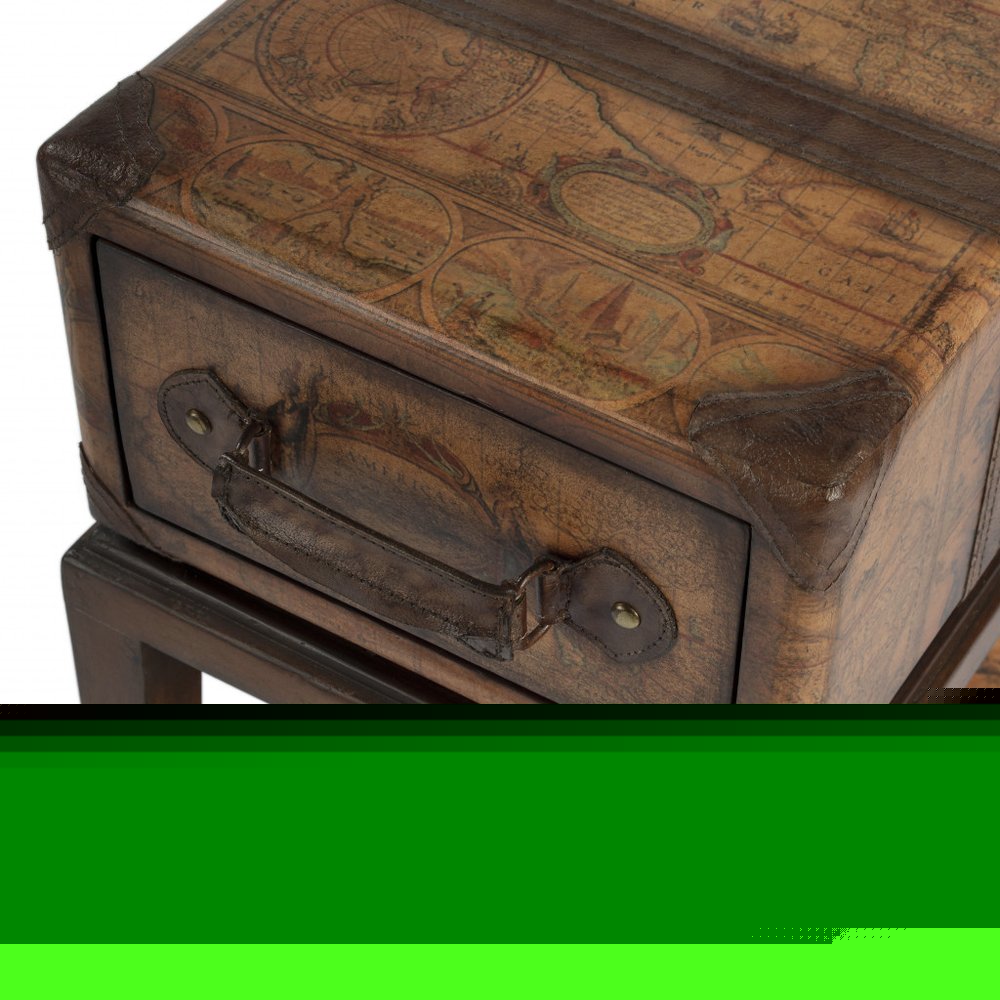 24" Brown Old World Map End Table With Drawer And Shelf