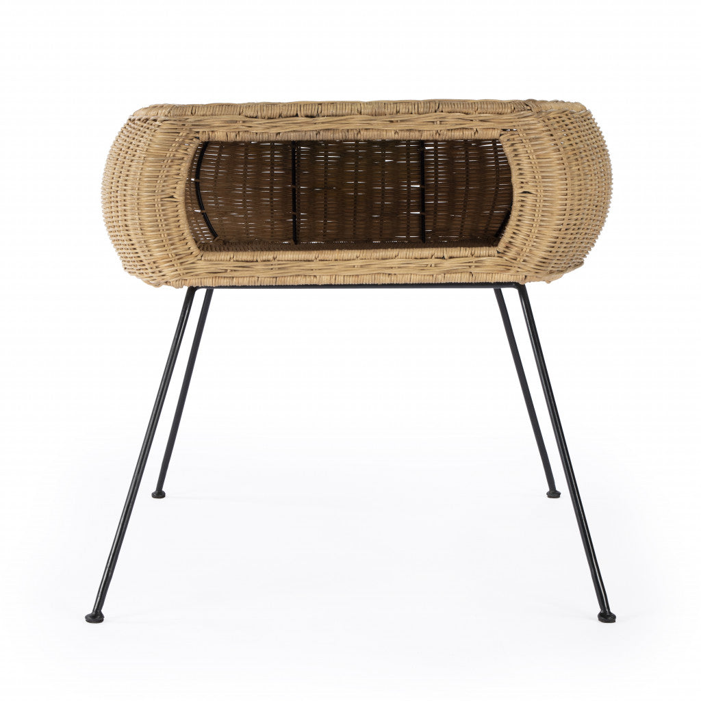 24" Natural Brown Rattan and Black End Table With Shelf
