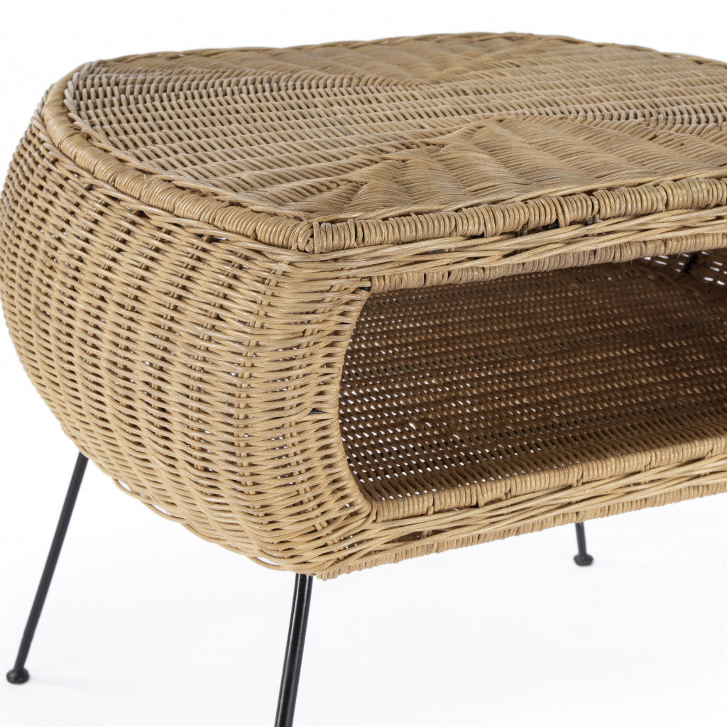 24" Natural Brown Rattan and Black End Table With Shelf