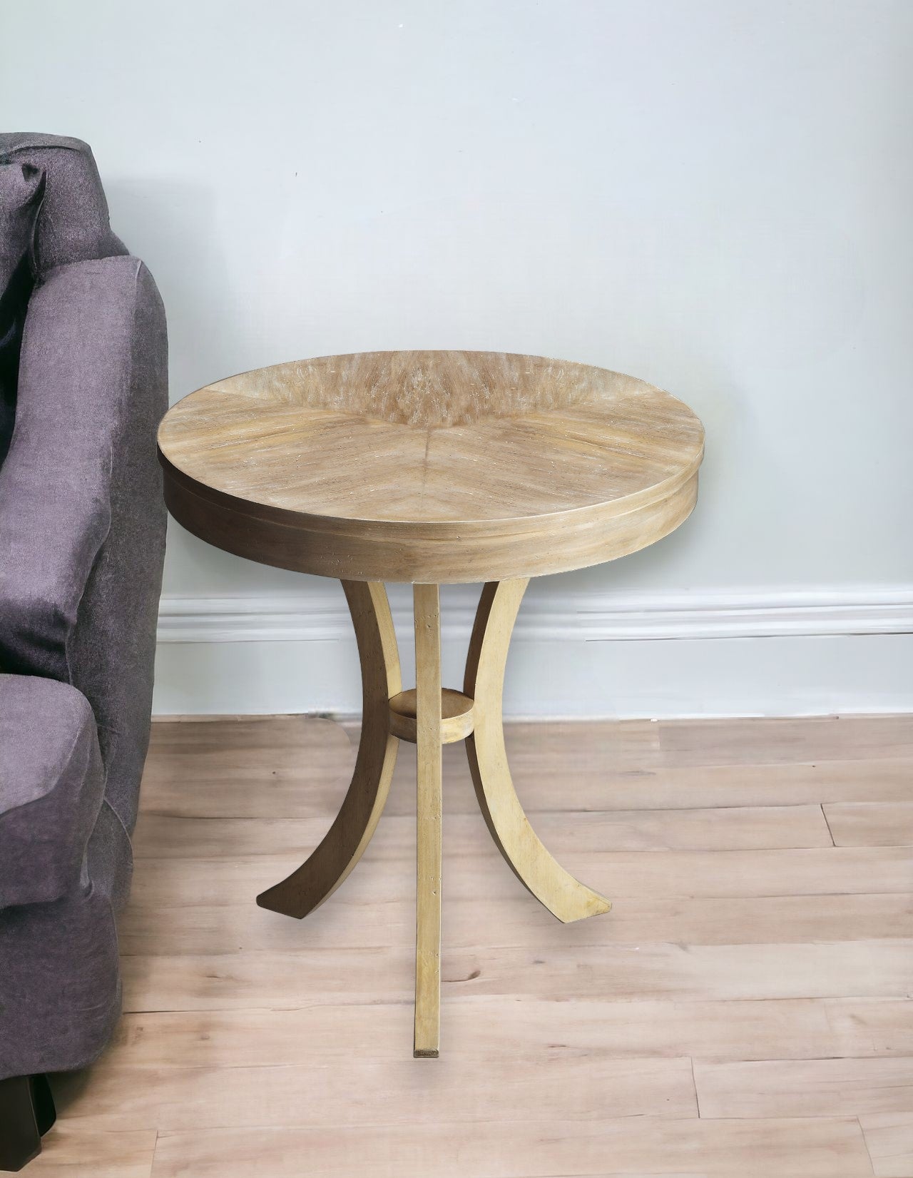 26" Beige Distressed Round Three Leg End Table