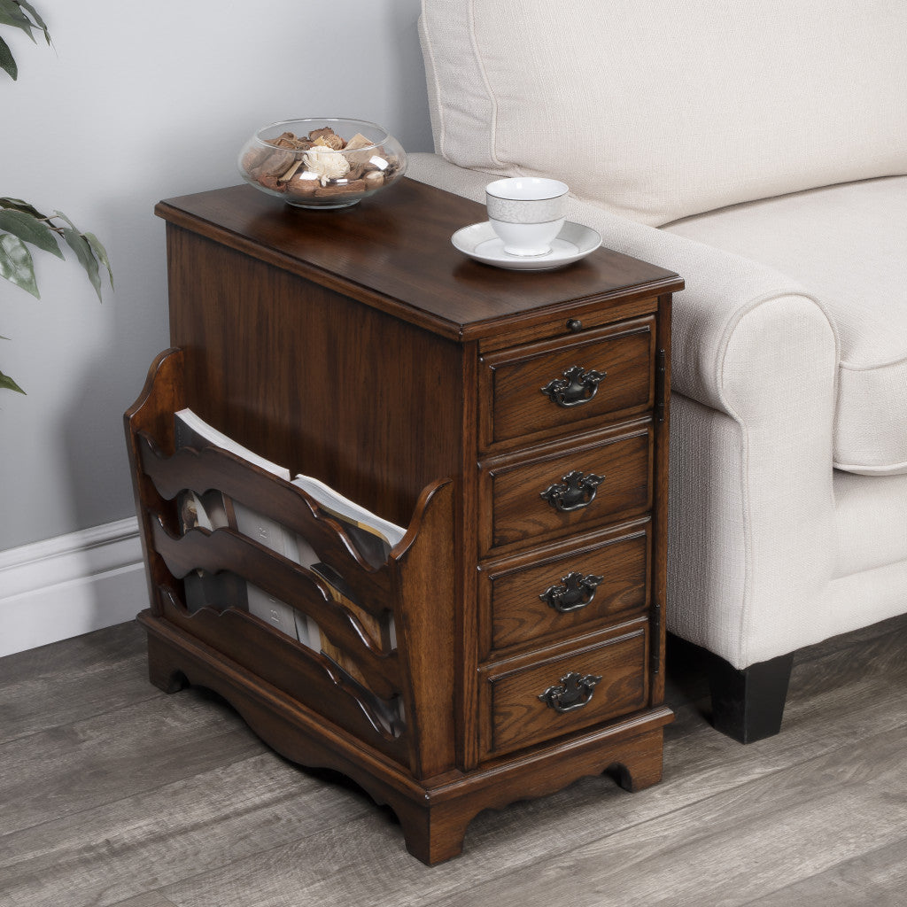 24" Cherry Brown End Table With Drawers And Magazine Rack