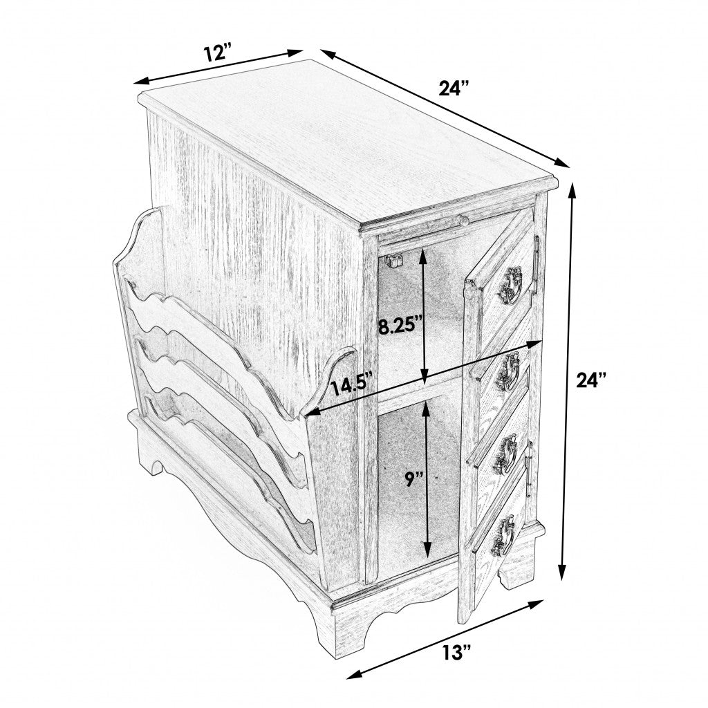 24" Cherry Brown End Table With Drawers And Magazine Rack