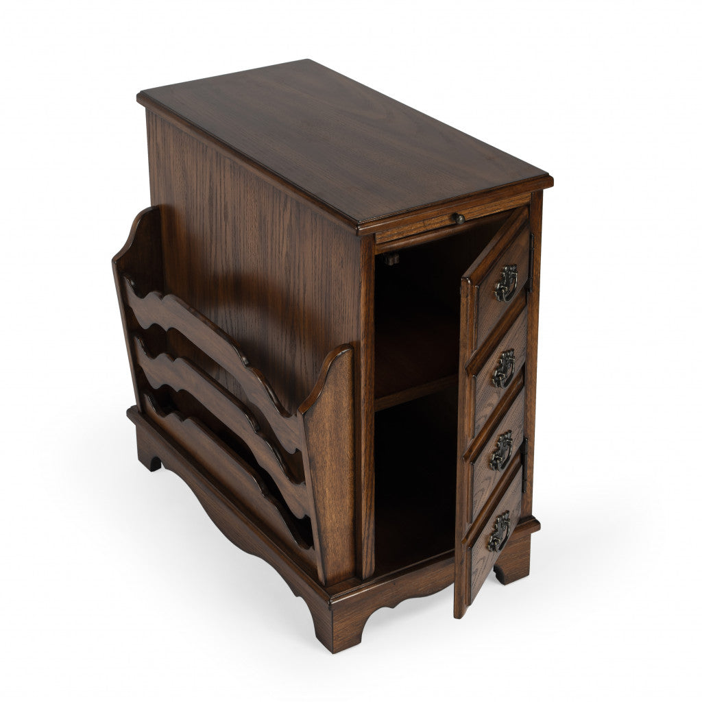 24" Cherry Brown End Table With Drawers And Magazine Rack